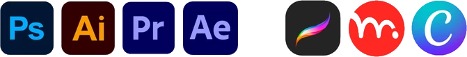 Photoshop, Illustrator, Premiere Pro, After Effects, Procreate, Moho, Canva
